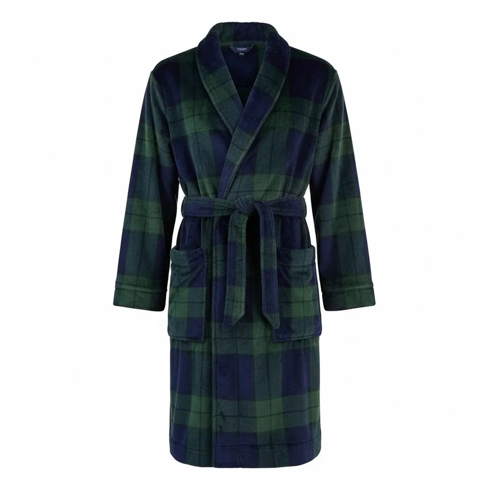Club Room mens ‎ Navy / Hunter Green Plaid Belted Plush Pajama Robe S/M